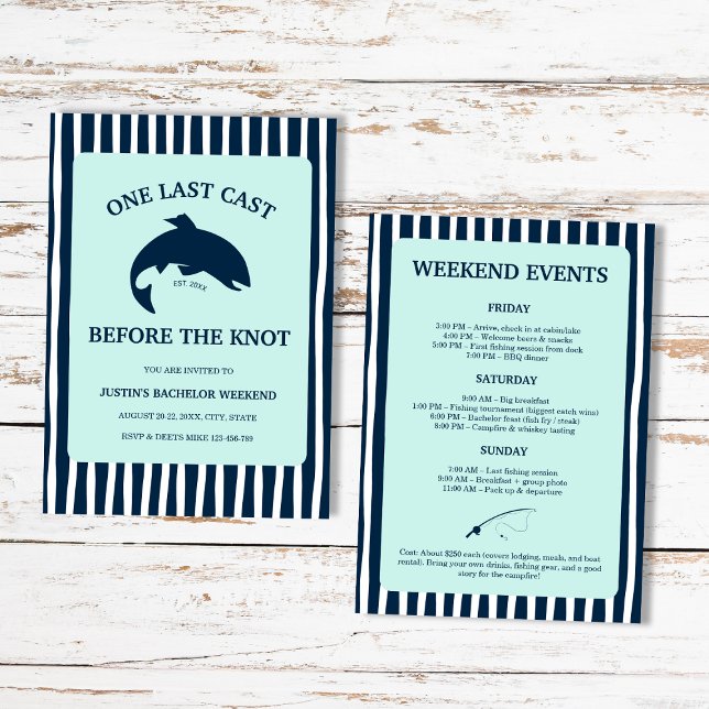 Invitación Itinerario Del Fin De Semana Del Soltero De Pesca  (One Last Cast Fishing Bachelor Weekend Itinerary Invitation)