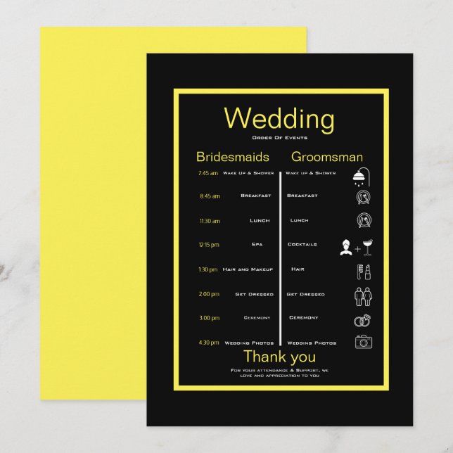 Invitación itinerario negro y amarillo (Anverso / Reverso)