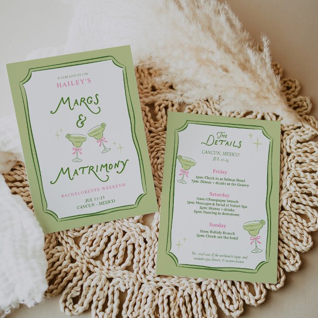 Invitación Itinerario Rosa de Soltera de Margs & Matrimonio (Margs & Matrimony Bachelorette Pink Itinerary Invitation)