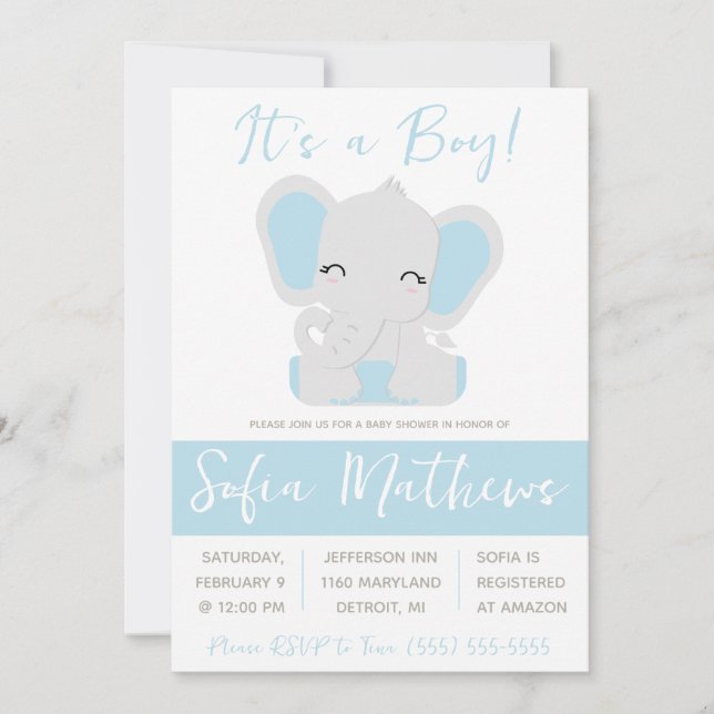 Invitación It's a Boy! Baby Shower de Elefantes Azules y Gris (Anverso)