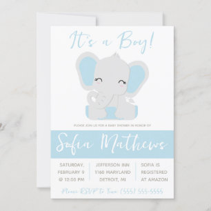 Invitación It's a Boy! Baby Shower de Elefantes Azules y Gris