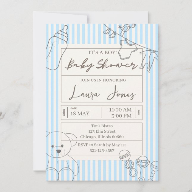 Invitación I'ts a Boy Baby Shower French theme (Anverso)