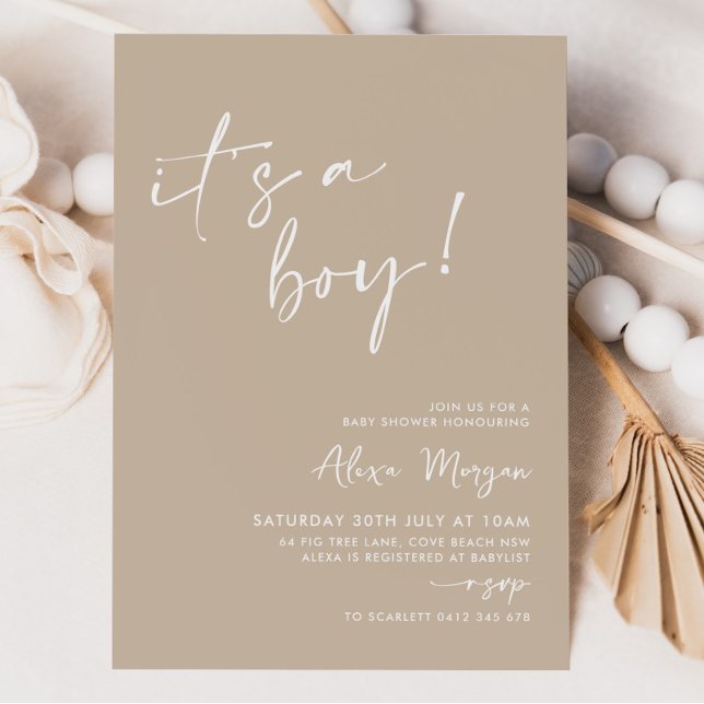 Invitación It's a Boy! Beige Minimal Baby Shower (It's a boy! Beige Baby Shower Invitation)