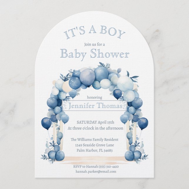 Invitación It's a BOY Blue Balloon Arch Baby Shower (Anverso)