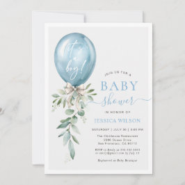 Invitación It's A Boy Blue Balloon Bow Greenery Baby Shower
