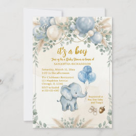 Invitación It's a boy blue balloon cute elephant baby shower 