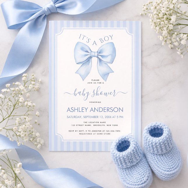 Invitación It's a Boy Blue Bow and Stripes Baby Shower (Subido por el creador)