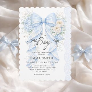 Invitación It's a Boy Blue Bow Floral Baby Shower
