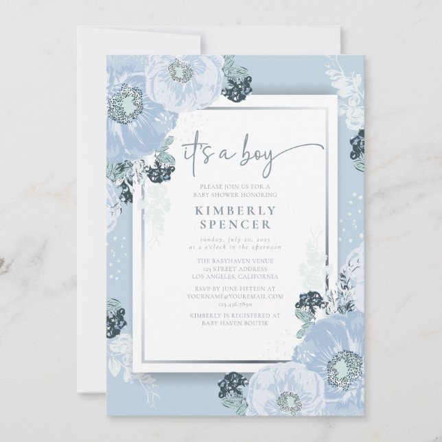 Invitación It's A Boy Blue Floral Baby Shower  (Anverso)