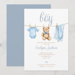 Invitación Its A Boy Cute Blue Clothesline Baby Shower