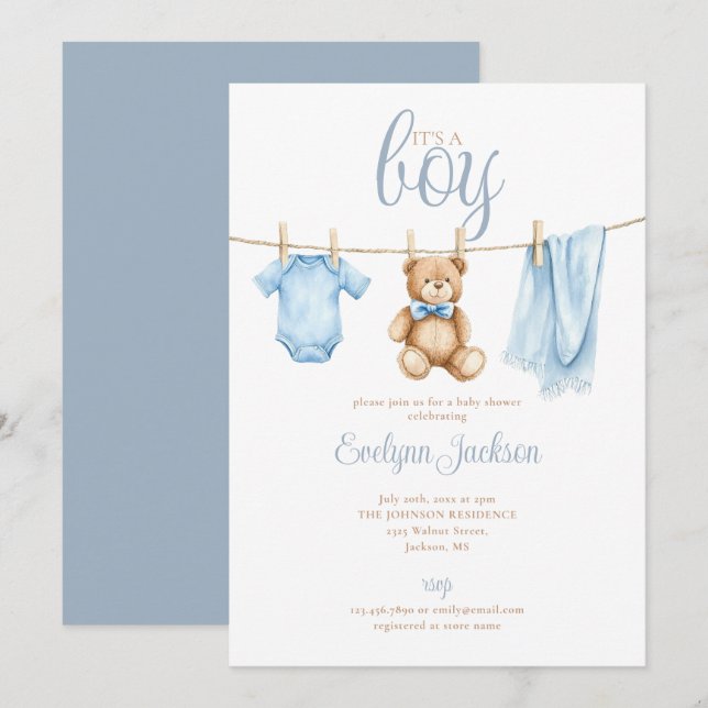 Invitación Its A Boy Cute Blue Clothesline Baby Shower (Anverso / Reverso)