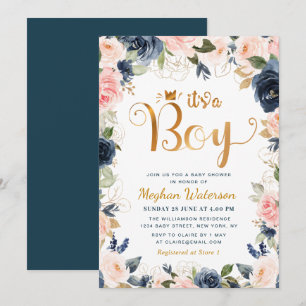 Invitación IT'S A BOY ducha de bebé con flores de color azu