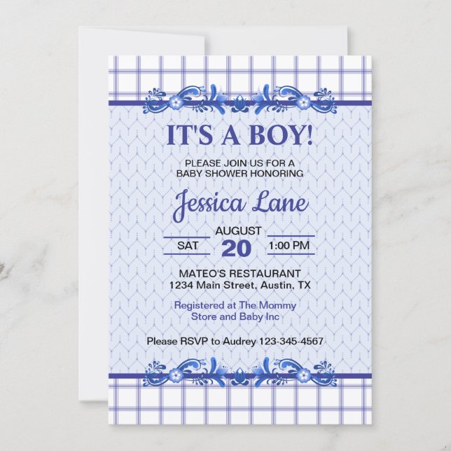 Invitación It's A Boy Elegant Blue Baby Shower (Anverso)