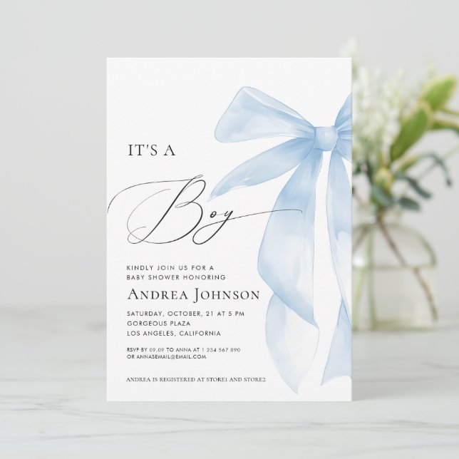 Invitación It's a Boy | Elegante Baby Shower de Bow Azul (Anverso de pie)