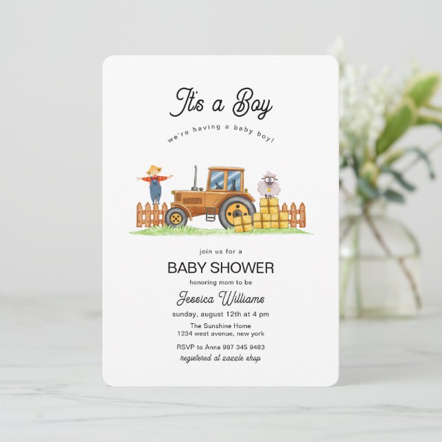 Invitación It's A Boy Framer Tractor Baby Shower  (Anverso de pie)