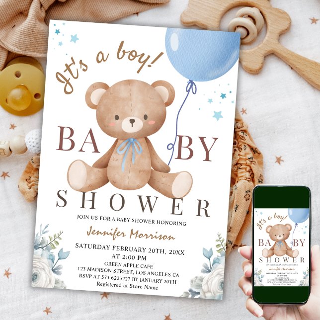 Invitación It's a Boy | Globo azul de oso de peluche Baby Sho (Subido por el creador)