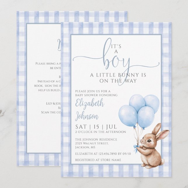 Invitación Its A Boy Little Bunny Blue Baby Shower All In One (Anverso / Reverso)