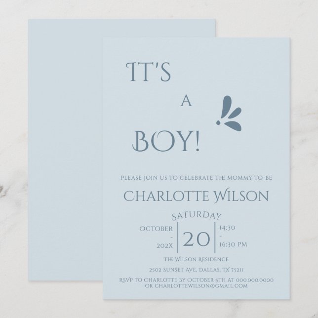 Invitación It's A Boy! Minimalism Pastel Blue Baby Shower (Anverso / Reverso)