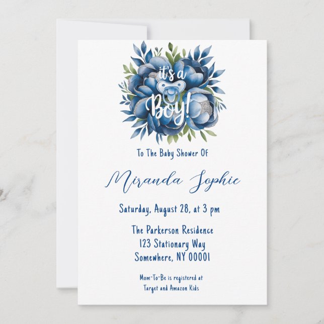 Invitación It's a Boy! Pacifier & Peonies Baby Shower (Anverso)