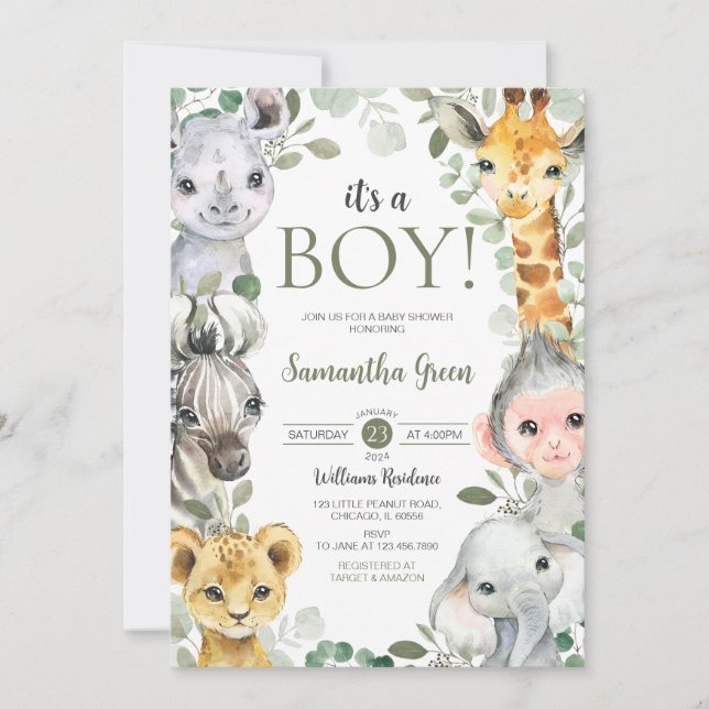 Invitación  It's a Boy Safari Baby Shower (Anverso)