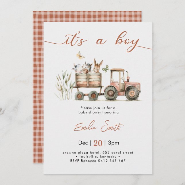 Invitación  It's a Boy Tractor Baby Shower (Anverso / Reverso)