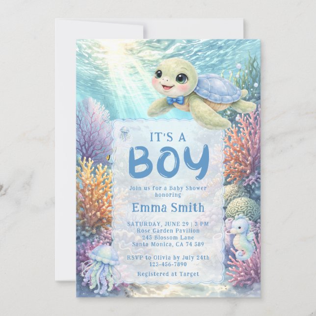 Invitación It's a Boy Under the Sea Turtle Boy Baby Shower (Anverso)