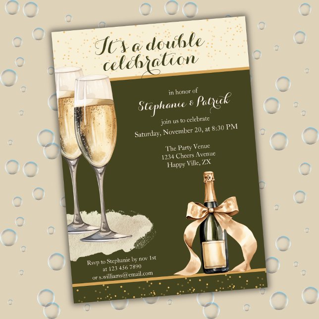 Invitación It's a Double Celebration Green Champagne Birthday (Subido por el creador)