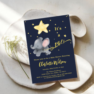Invitación It's a Girl! Baby Shower Cute Elephant & Balloon