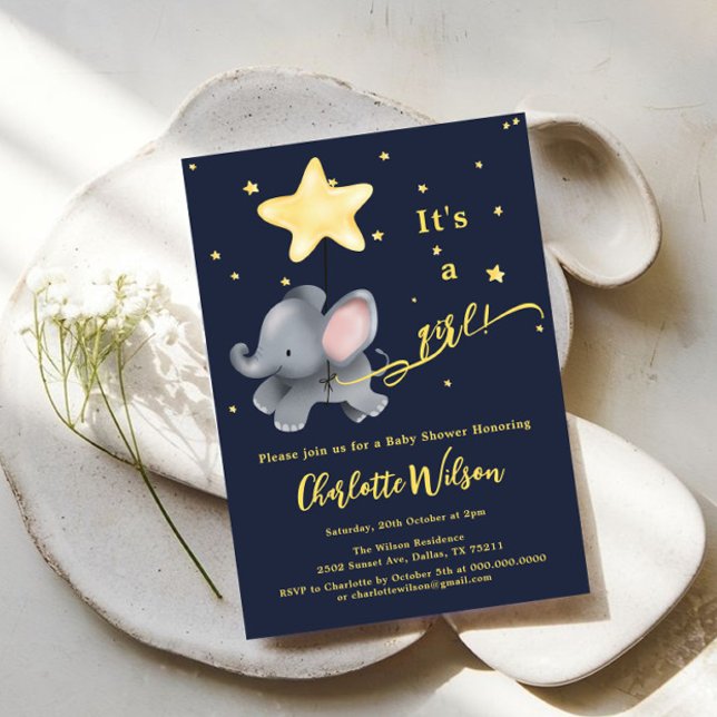 Invitación It's a Girl! Baby Shower Cute Elephant & Balloon (Subido por el creador)