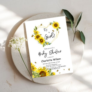 Invitación It's a Girl! Baby Shower de girasoles y mariposas