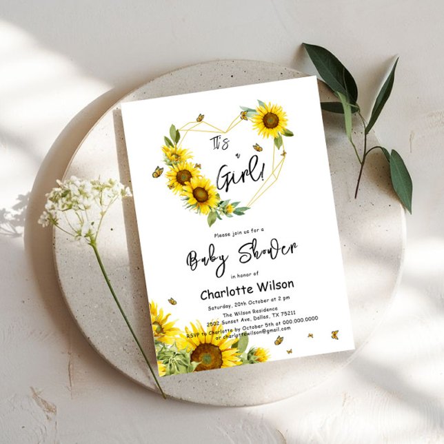 Invitación It's a Girl! Baby Shower de girasoles y mariposas (Subido por el creador)