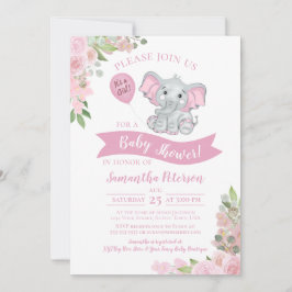 Invitación It's a Girl! Baby Shower floral rosa de elefante c