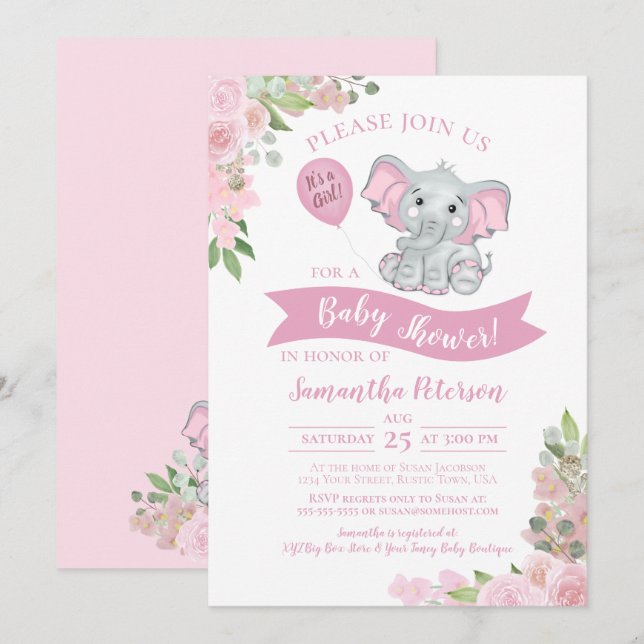 Invitación It's a Girl! Baby Shower floral rosa de elefante c (Anverso / Reverso)