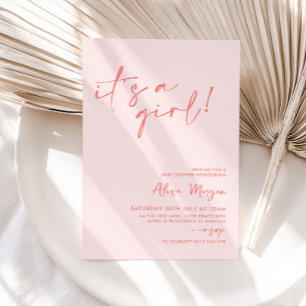 Invitación It's a Girl! Baby Shower Mínimo Rojo Rosa