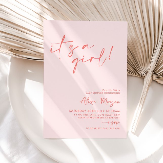 Invitación It's a Girl! Baby Shower Mínimo Rojo Rosa (It's a girl! | Pink and Red Baby Shower Invitation. )