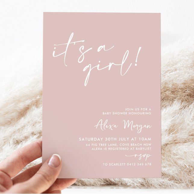 Invitación It's a Girl! Baby Shower Mínimo Rosa (It's a Girl! Dusty Pink Baby Shower Invitation)