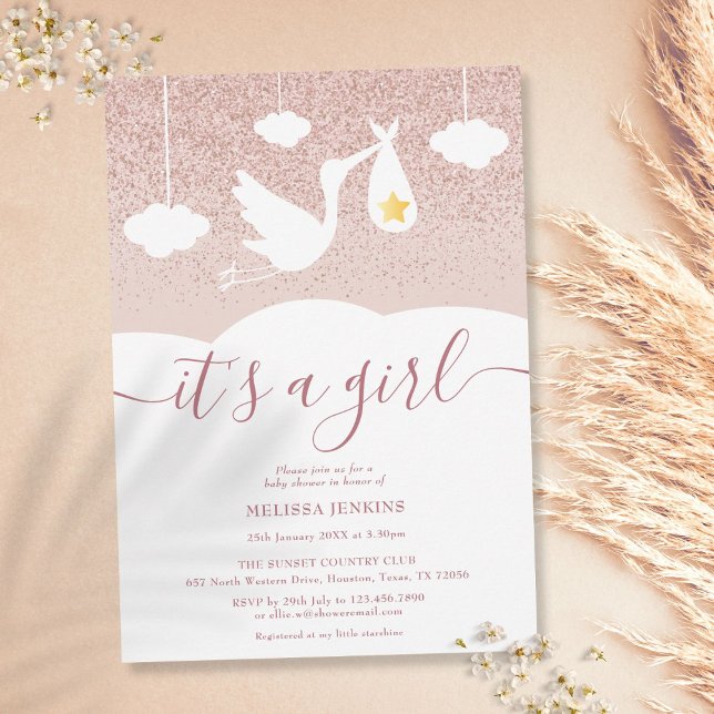 Invitación It's a Girl Baby Shower Stork Rose Gold Glitter (Subido por el creador)