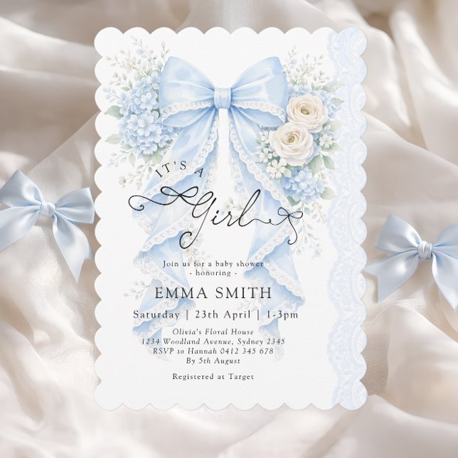 Invitación It's a Girl Blue Bow Floral Baby Shower (Subido por el creador)