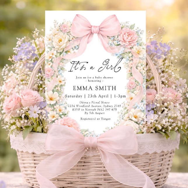 Invitación It's a Girl Blush Pink Bow Coquette Baby Shower (Subido por el creador)