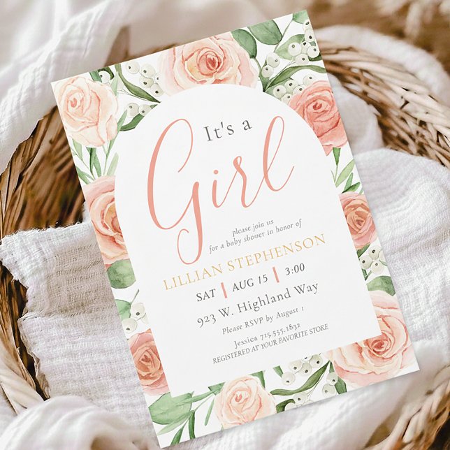 Invitación Its A Girl Blush Pink Rose Floral Baby Shower (Subido por el creador)