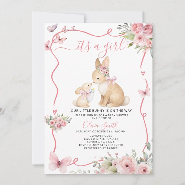 Invitación It's a Girl Bunny Baby Shower Pink Floral (Anverso)
