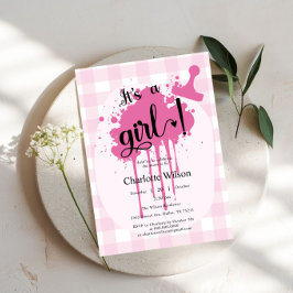 Invitación It's a Girl! Cute Pastel Pink Gingham Baby Shower