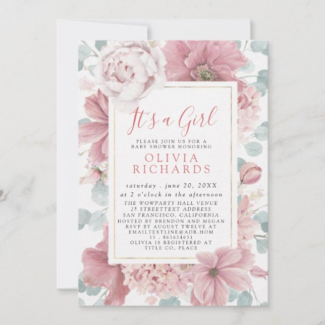 Invitación It's A Girl Dusty Rose Floral Cute Baby Shower (Anverso)