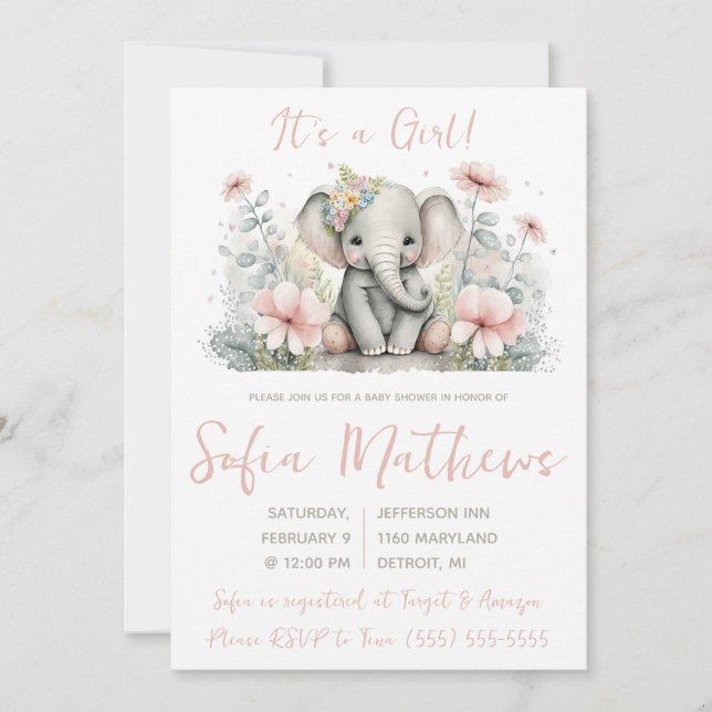 Invitación It's a Girl! Elefante rosa y gris Baby Shower (Anverso)