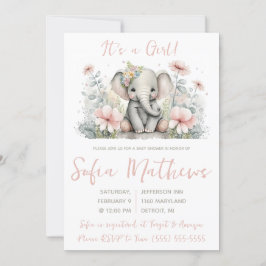 Invitación It's a Girl! Elefante rosa y gris Baby Shower