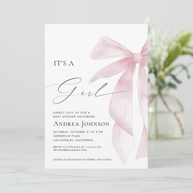 Invitación It's a Girl | Elegant Classy Pink Bow Baby Shower (Anverso de pie)