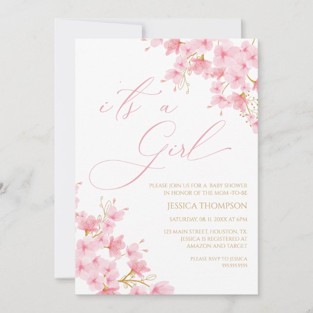 Invitación i'ts a Girl Floral Baby Shower Cherry Blossom (Anverso)