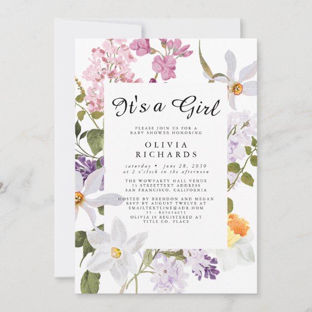 Invitación It's A Girl Floral Baby Shower Invitation (Anverso)