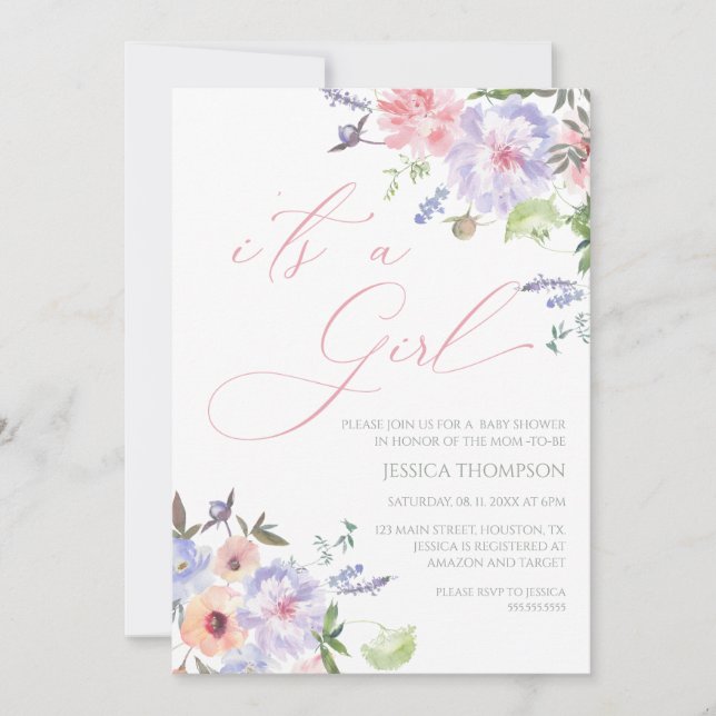 Invitación i'ts a Girl Floral Baby Shower pink and purple Inv (Anverso)