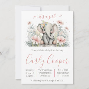 Invitación It's a Girl! Floral Elephant Baby Shower